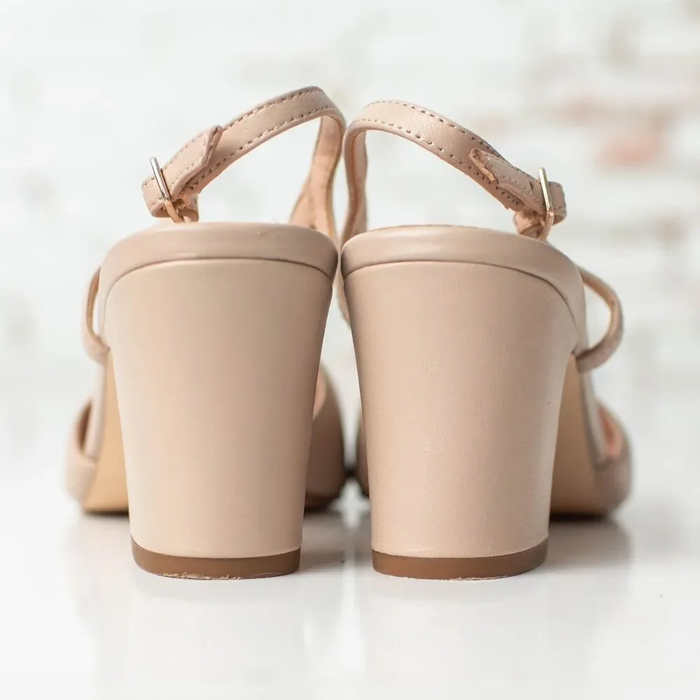 Talbots Women's 7.5 Leather Slingback Pumps Nude Beige Black Cap Toe Heels